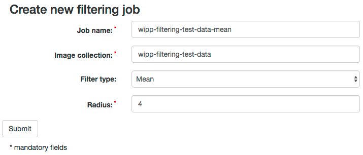 WIPP Filtering job (mean filter) screenshot