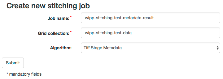 WIPP Stitching job with metadata screenshot