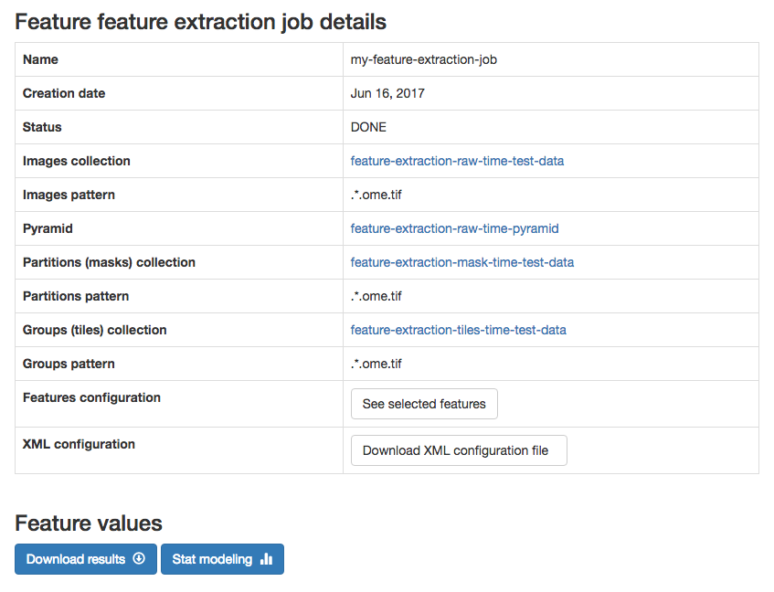 WIPP Feature Extraction job - results screenshot