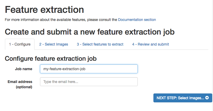WIPP Feature Extraction job - configure screenshot