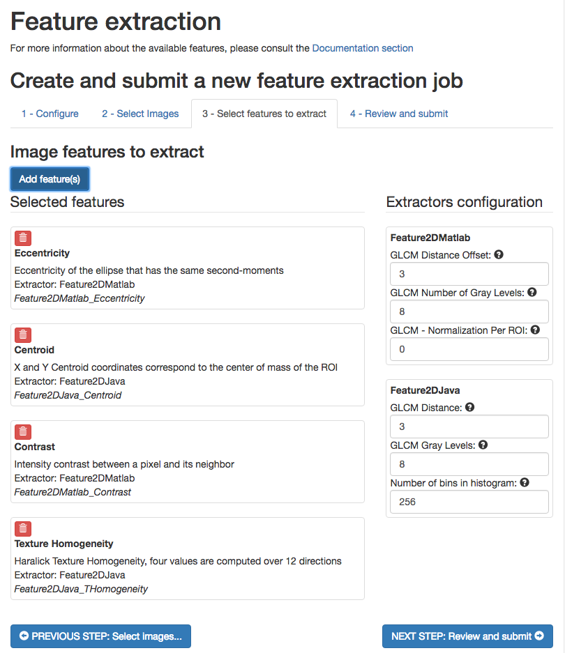 WIPP Feature Extraction job - features selection screenshot