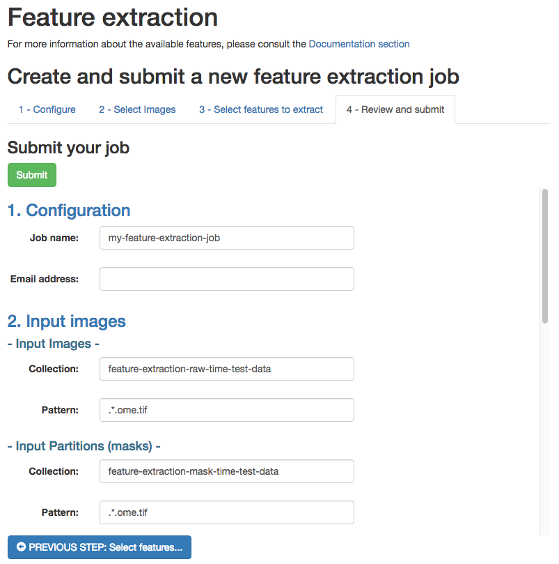 WIPP Feature Extraction job - submit screenshot