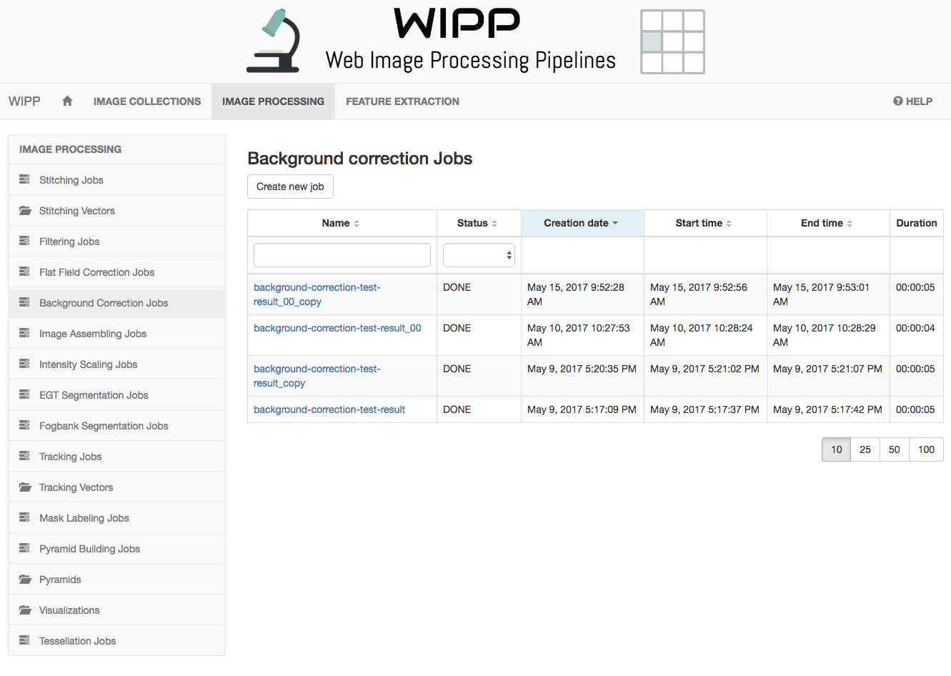 WIPP Background correction jobs screenshot