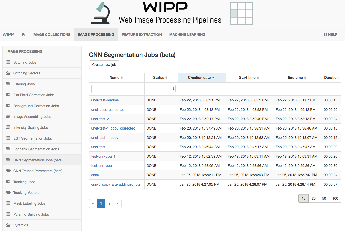WIPP CNN Segmentation jobs screenshot