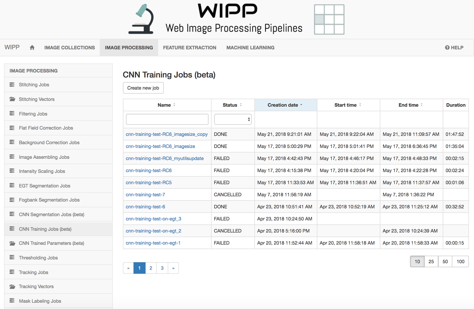 WIPP CNN Training jobs screenshot