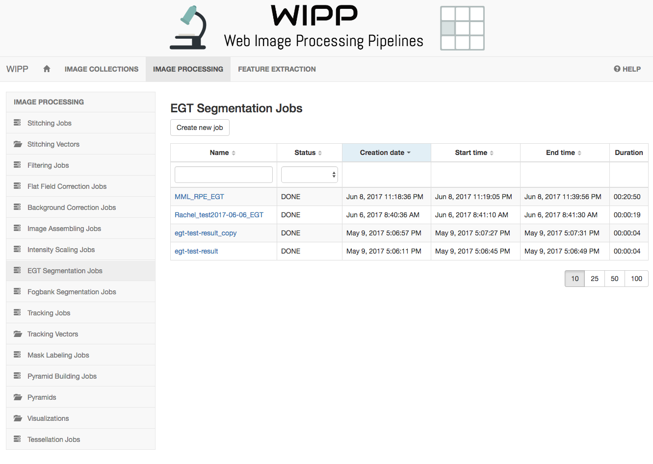 WIPP EGT Segmentation jobs screenshot