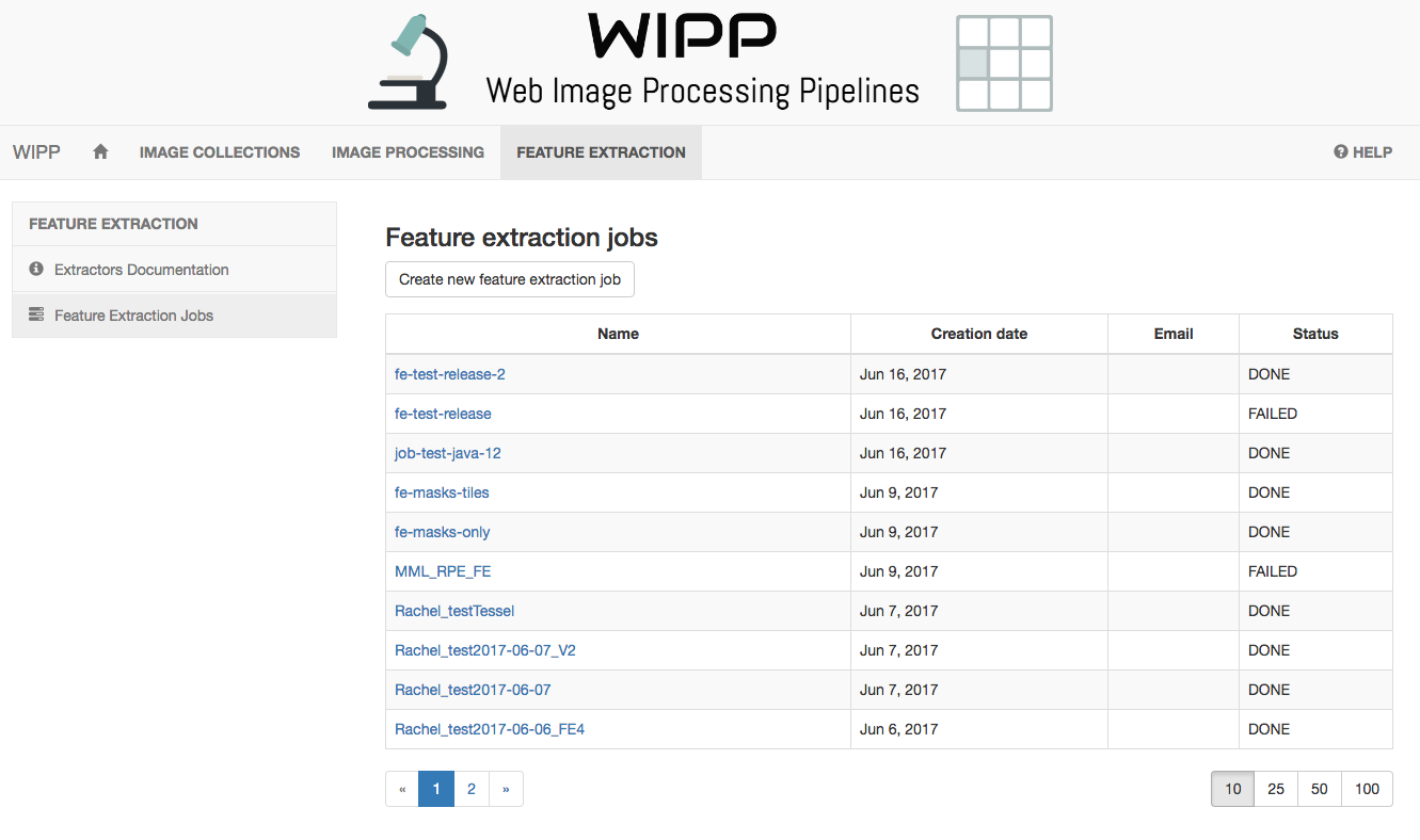 WIPP Feature Extraction Jobs screenshot