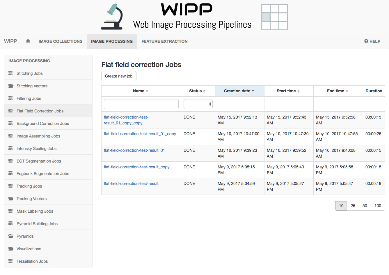 WIPP Flat Field Correction jobs screenshot