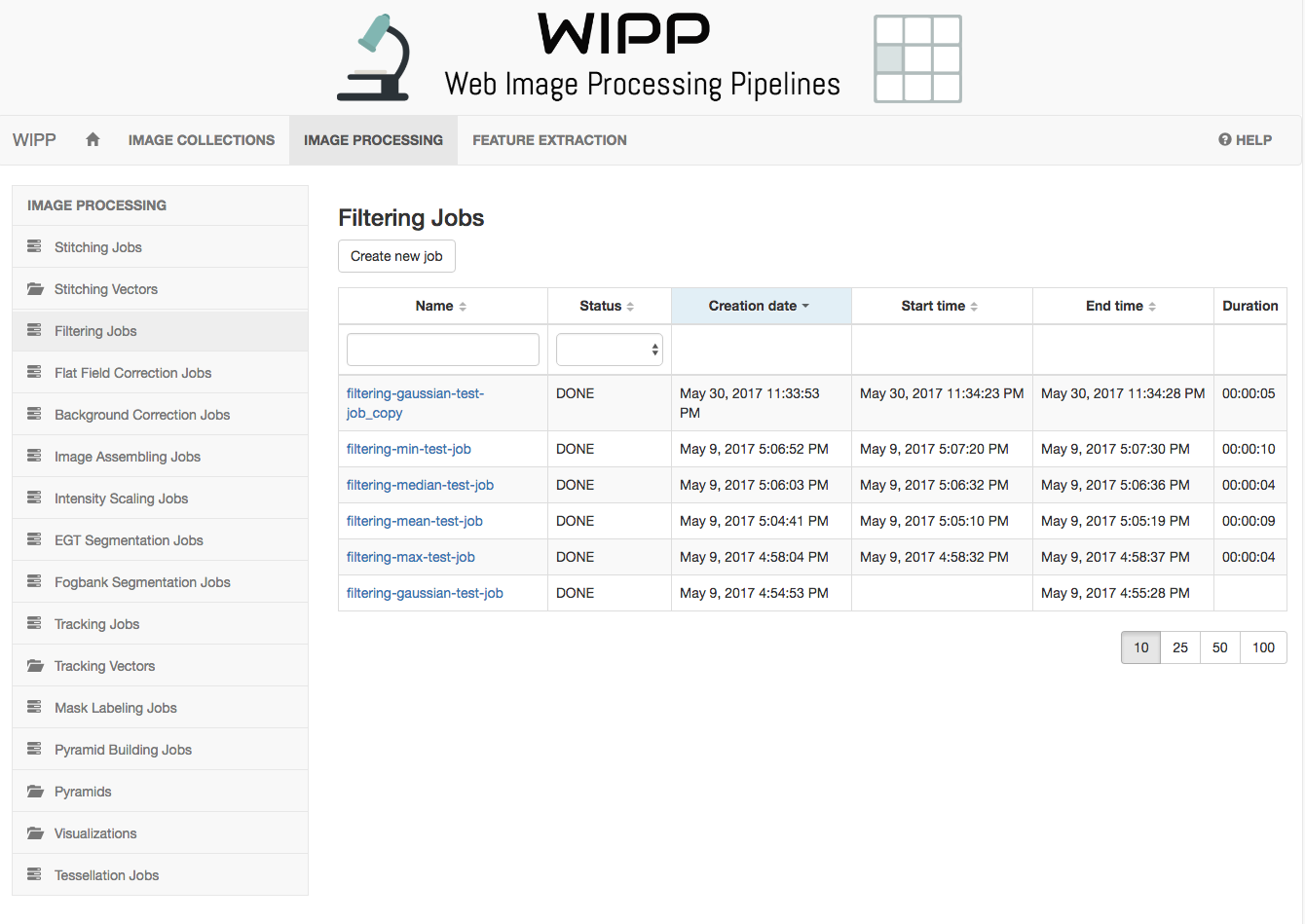 WIPP Filtering jobs screenshot