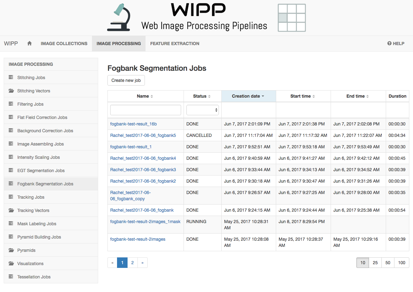 WIPP Fogbank Segmentation jobs screenshot
