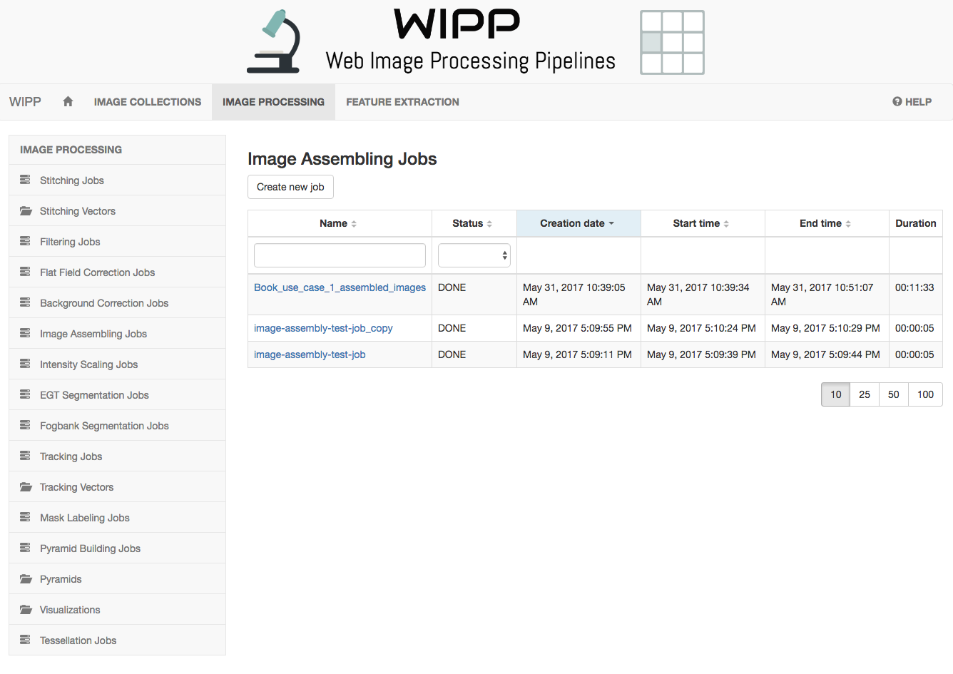 WIPP Image Assembling jobs screenshot