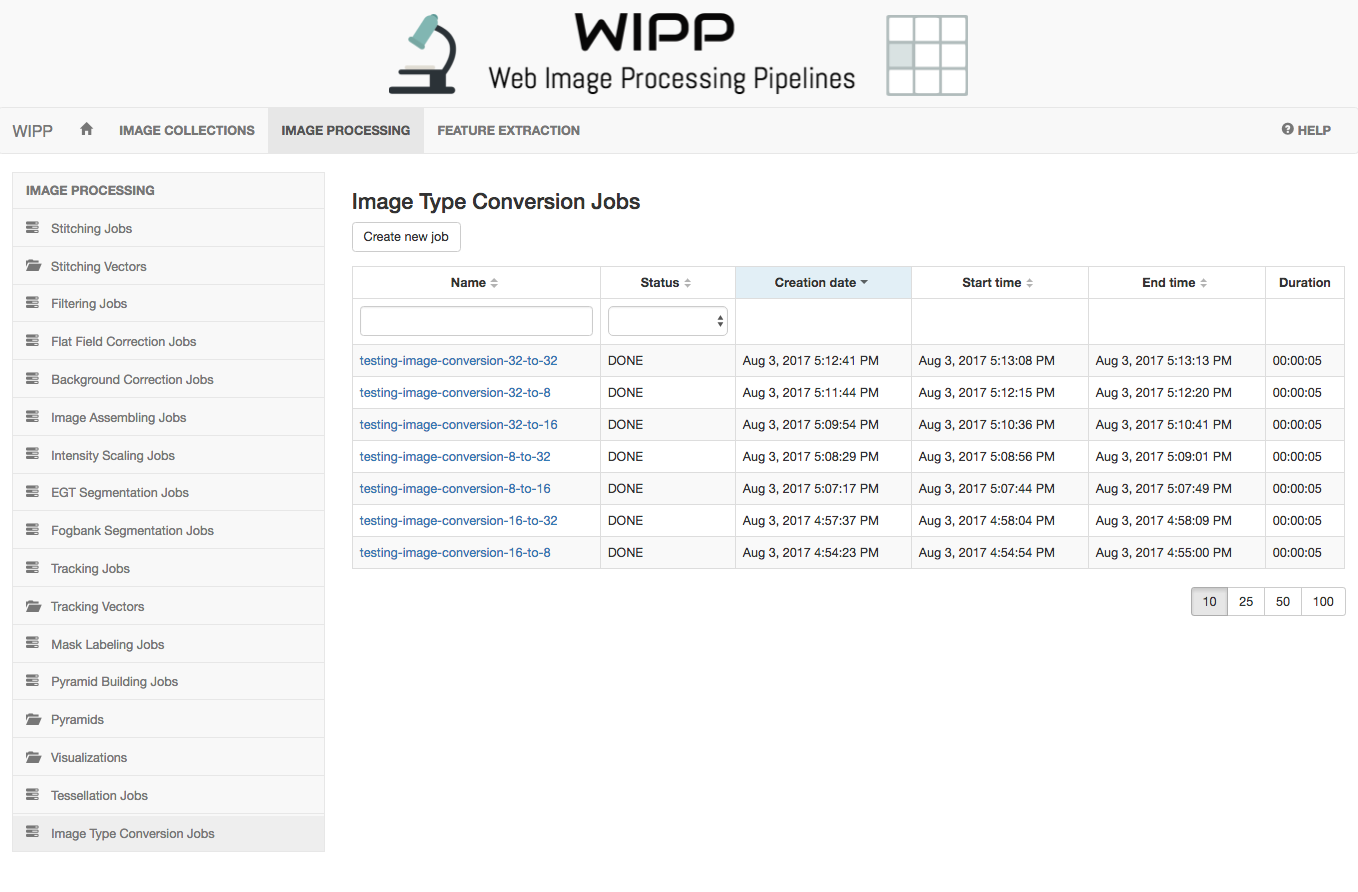 WIPP Image Type Conversion jobs screenshot