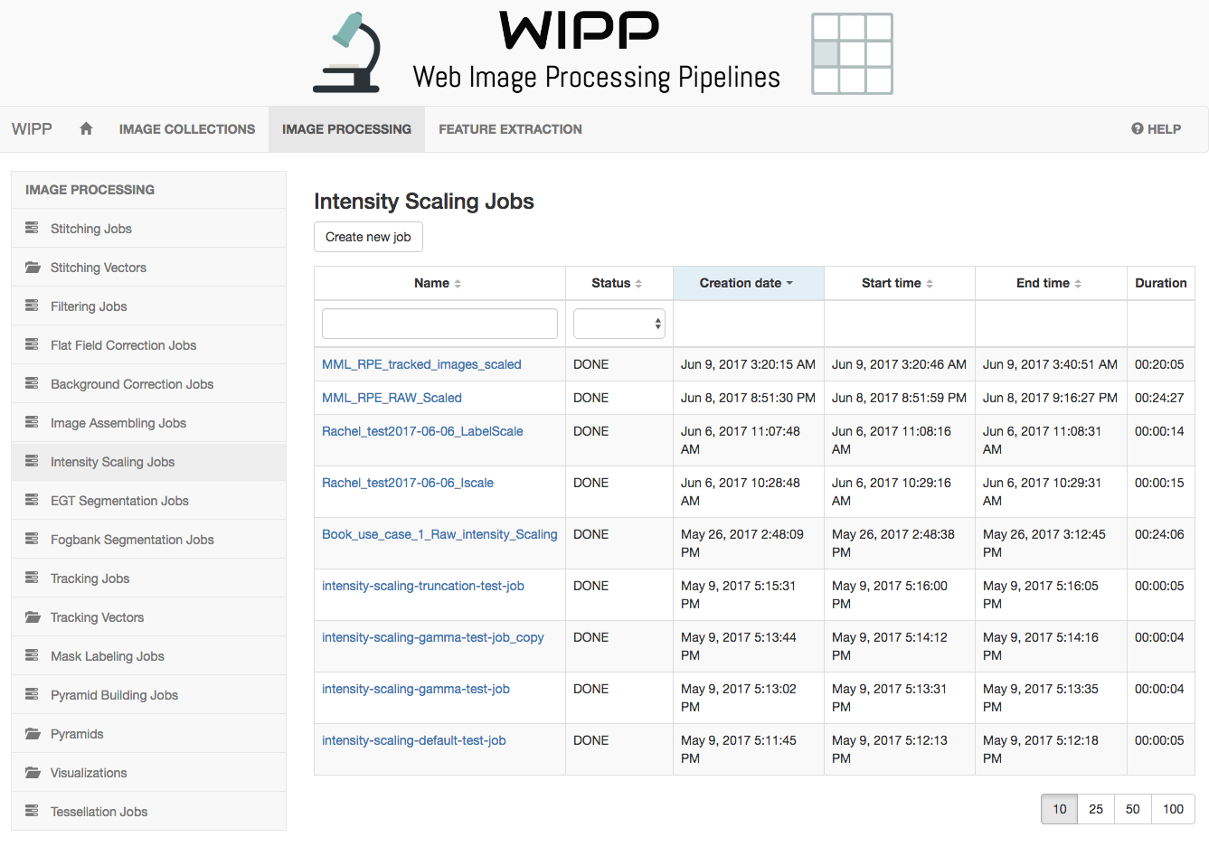 WIPP Intensity Scaling jobs screenshot