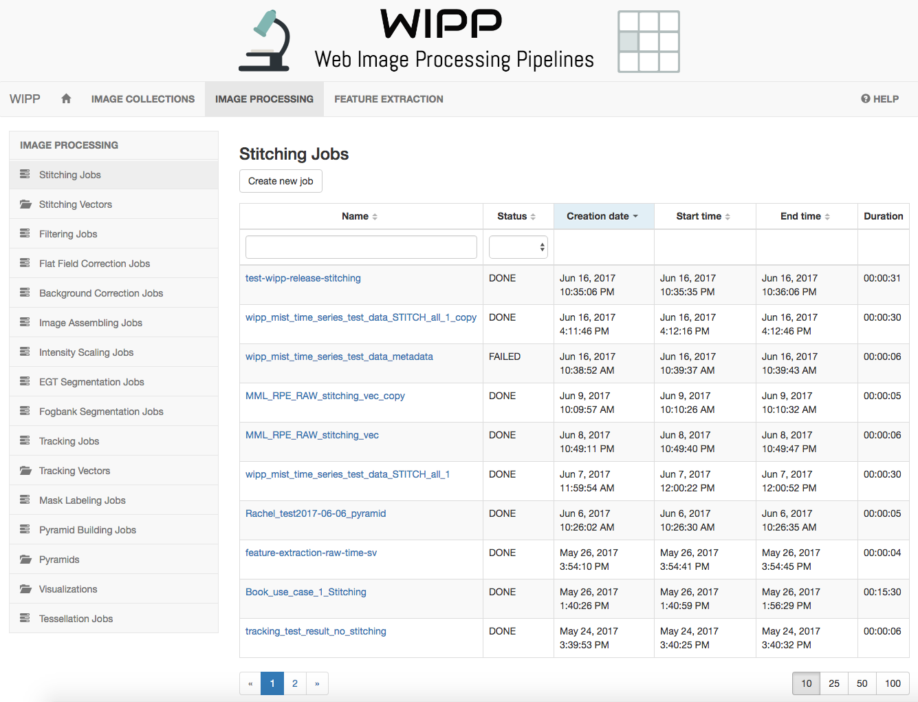 WIPP Stitching jobs screenshot