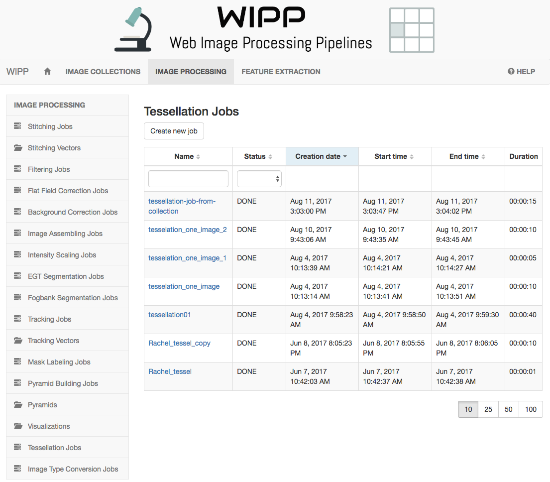 WIPP Tessellation jobs screenshot