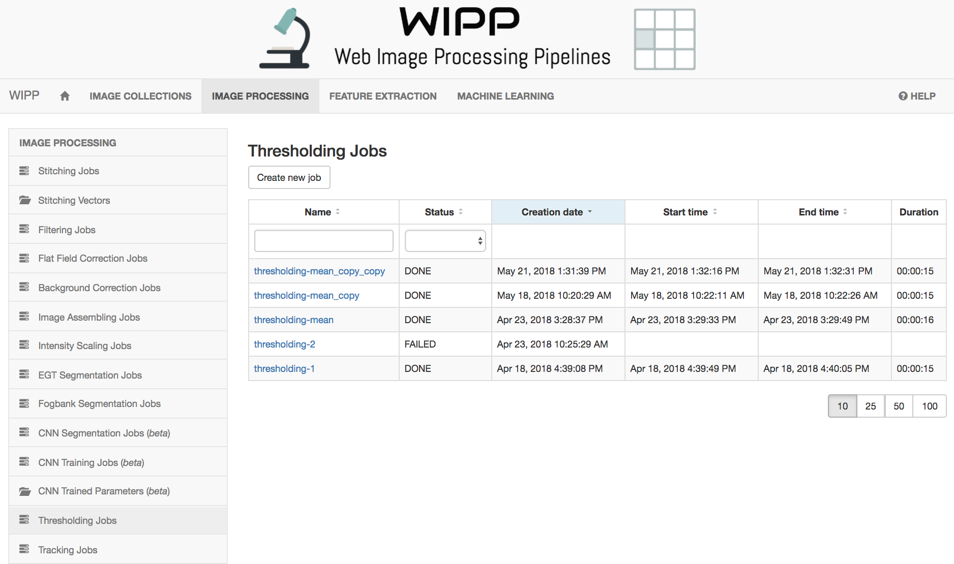 WIPP Thresholding jobs screenshot