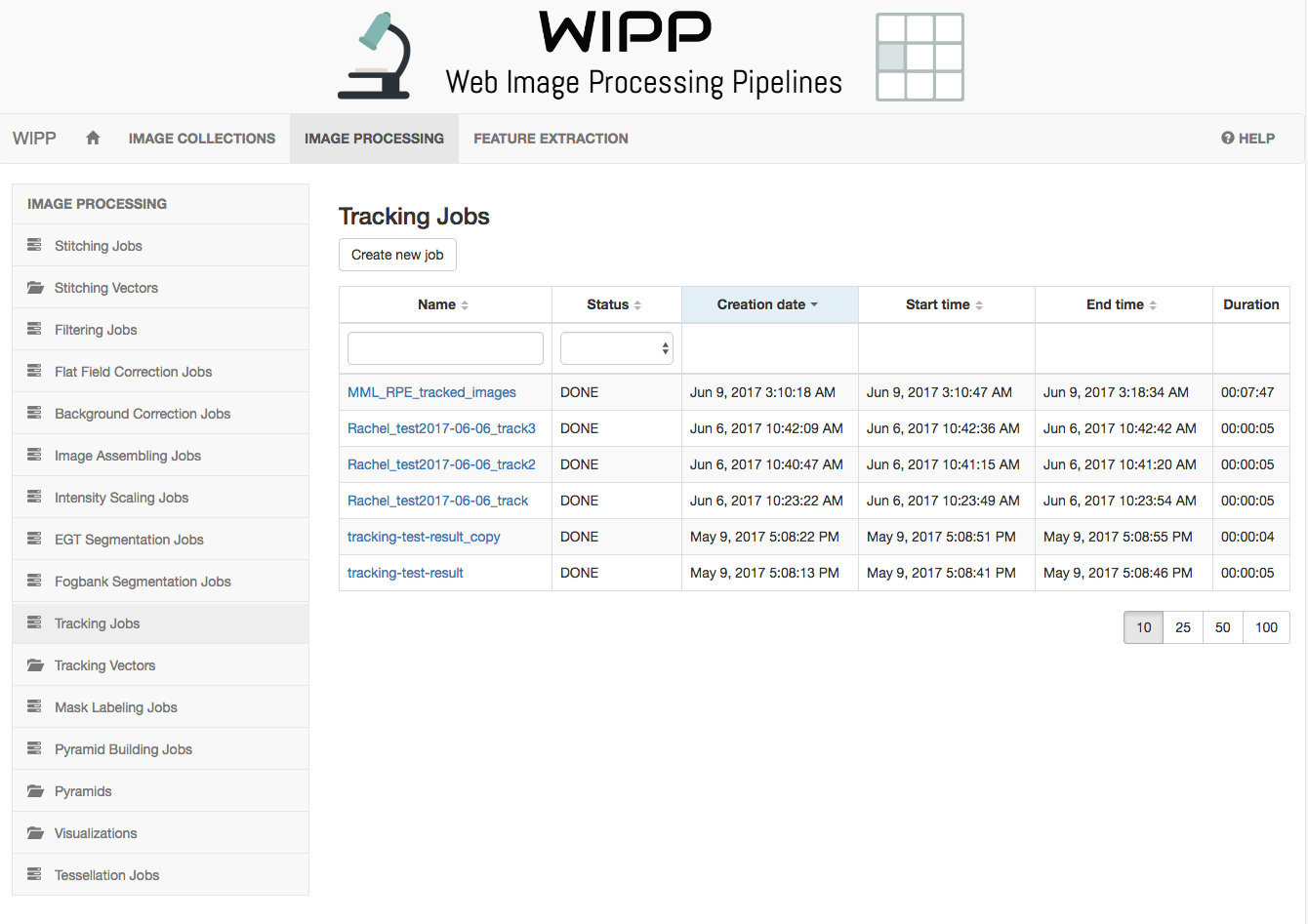 WIPP Tracking jobs screenshot